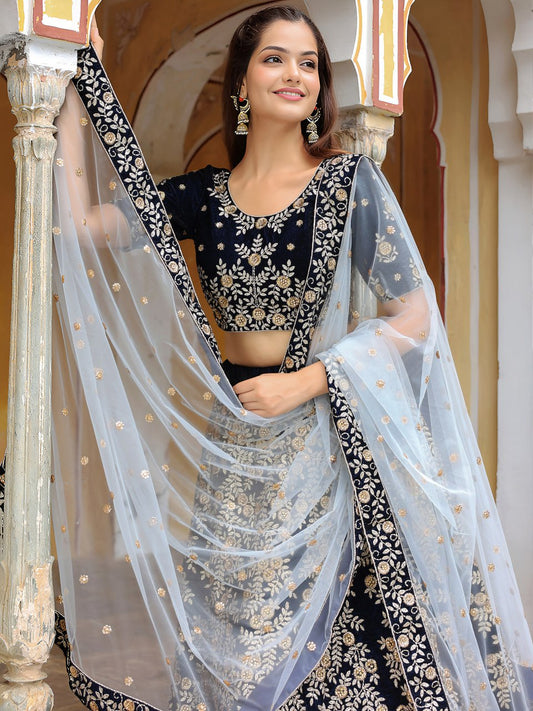 Bridal & Party Wear Designer Navy Blue Embroidered Velvet Lehenga Choli with Dupatta