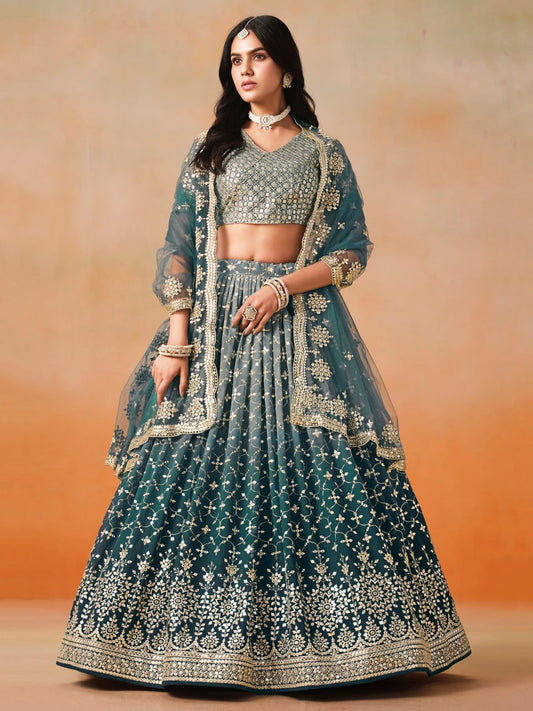 Dove Blue Zari Georgette Embroidered Lehenga Choli with Net Dupatta