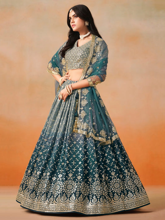 Dove Blue Zari Georgette Embroidered Lehenga Choli with Net Dupatta