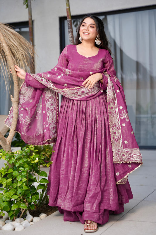 Designer Purple Long Anarkali Gown Set with Embroidered Dupatta