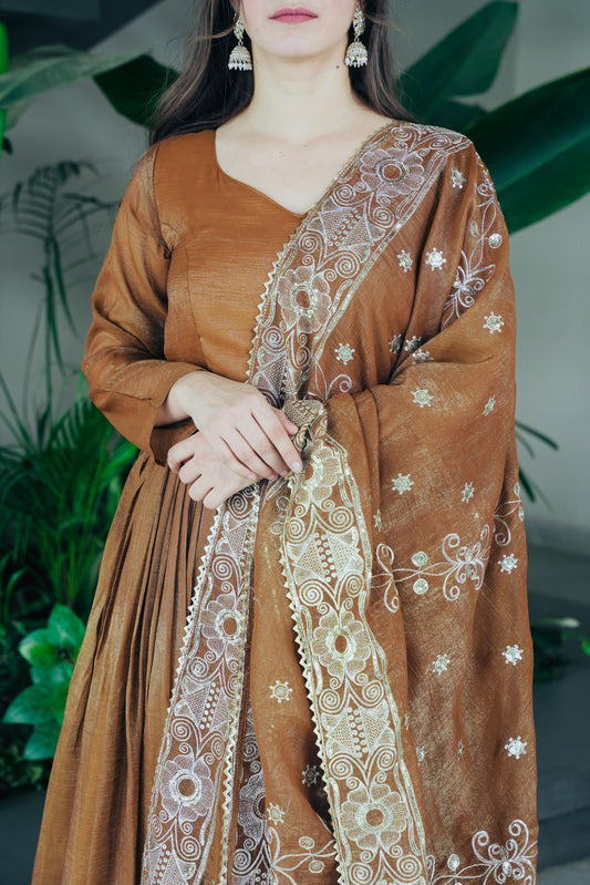 Festive Brown Flared Anarkali Set with Embroidered Dupatta