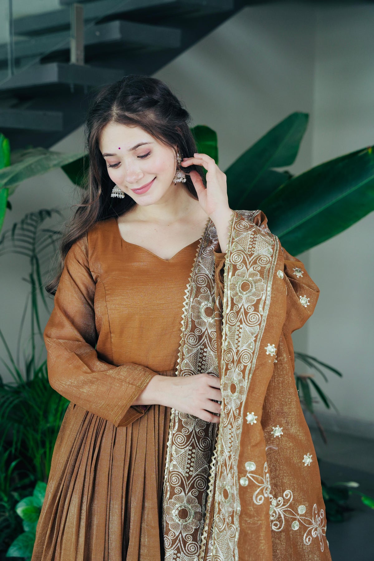 Festive Brown Flared Anarkali Set with Embroidered Dupatta