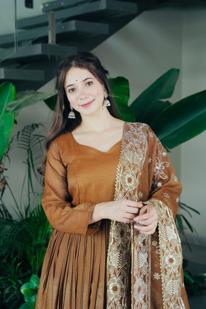 Festive Brown Flared Anarkali Set with Embroidered Dupatta