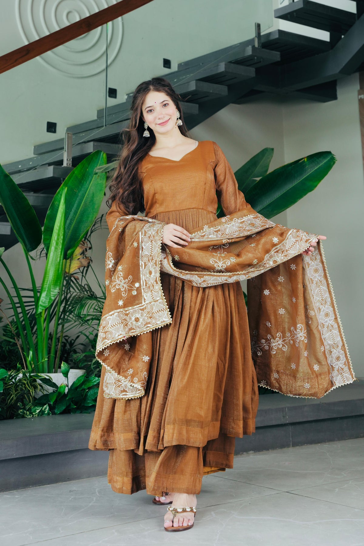 Festive Brown Flared Anarkali Set with Embroidered Dupatta