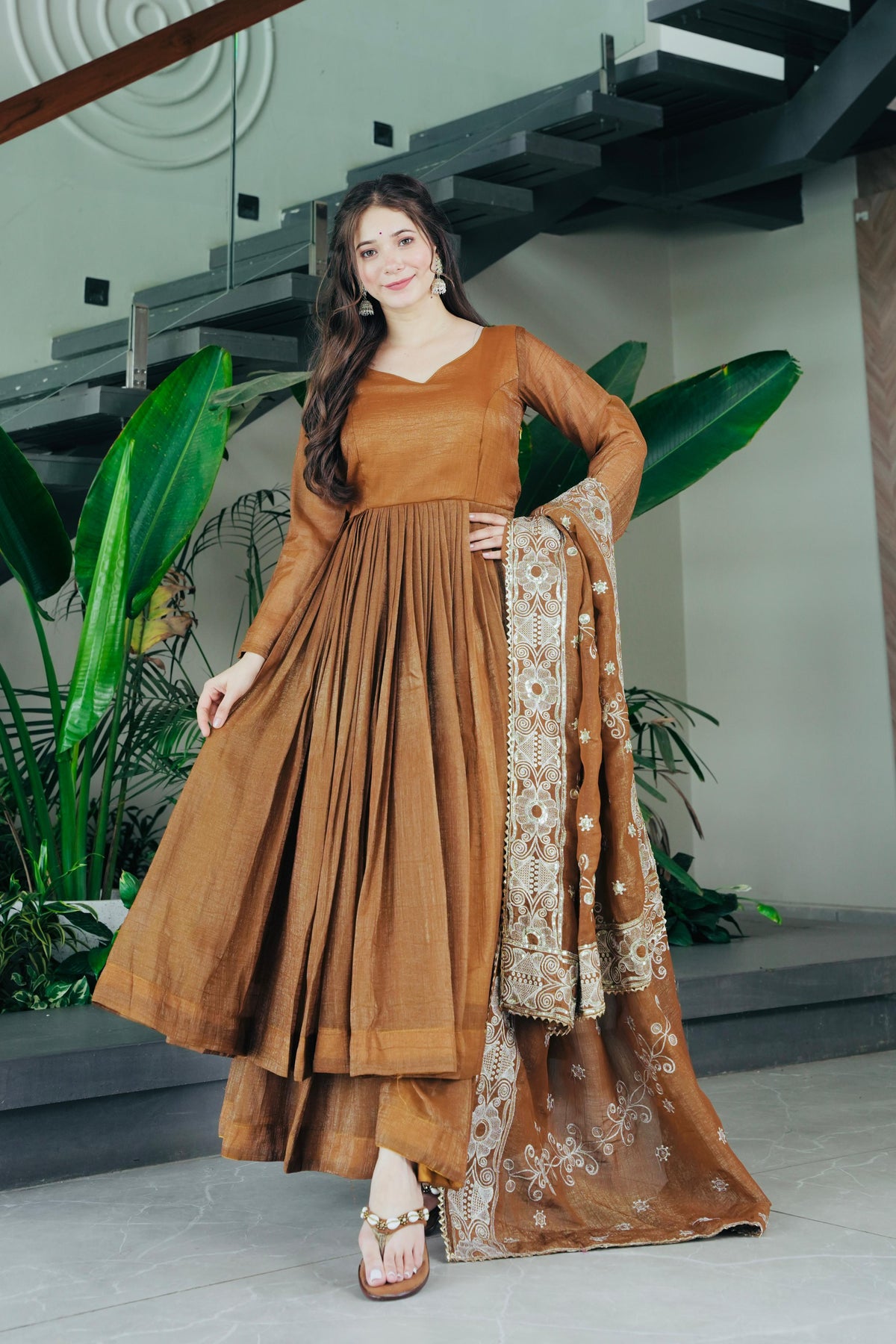Festive Brown Flared Anarkali Set with Embroidered Dupatta