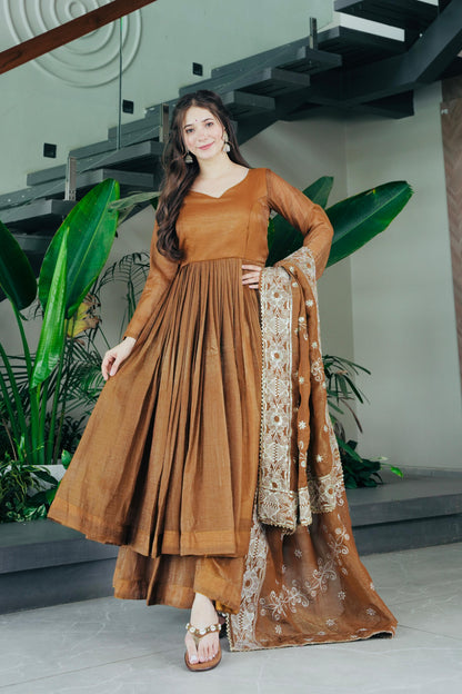 Festive Brown Flared Anarkali Set with Embroidered Dupatta