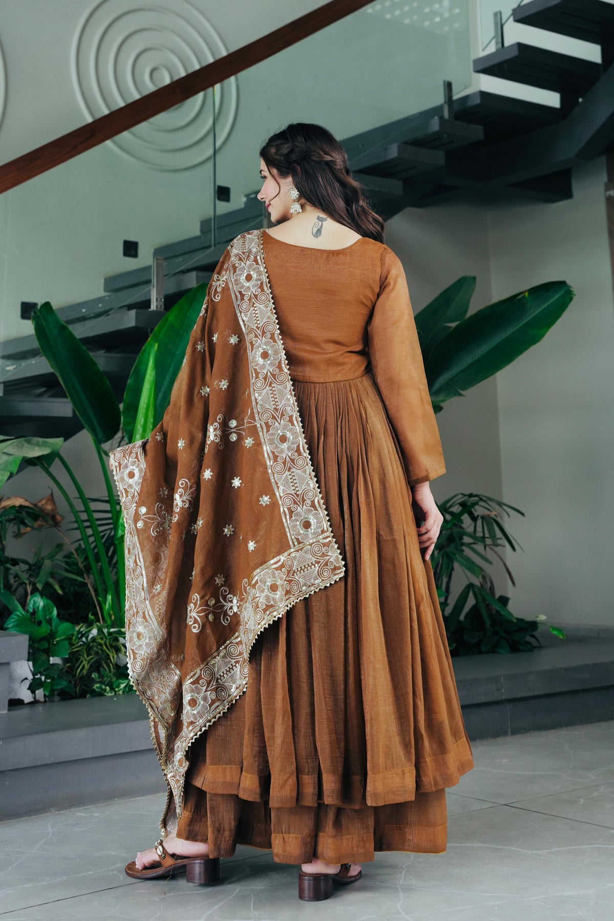 Festive Brown Flared Anarkali Set with Embroidered Dupatta