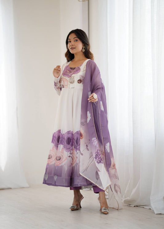 Elegant White & Purple Floral Anarkali Suit with Dupatta