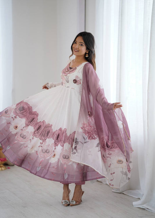 White and Mauve Floral Anarkali Suit with Printed Dupatta