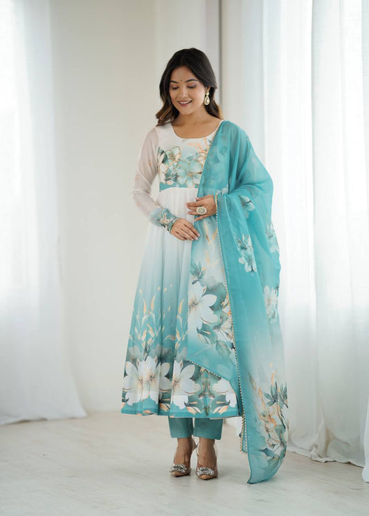 Elegant Printed Party Wear Aqua Blue Floral Anarkali Suit with Dupatta
