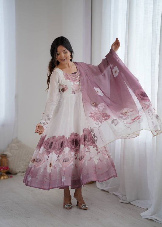 White and Mauve Floral Anarkali Suit with Printed Dupatta