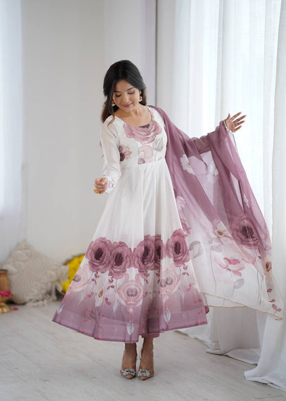 White and Mauve Floral Anarkali Suit with Printed Dupatta