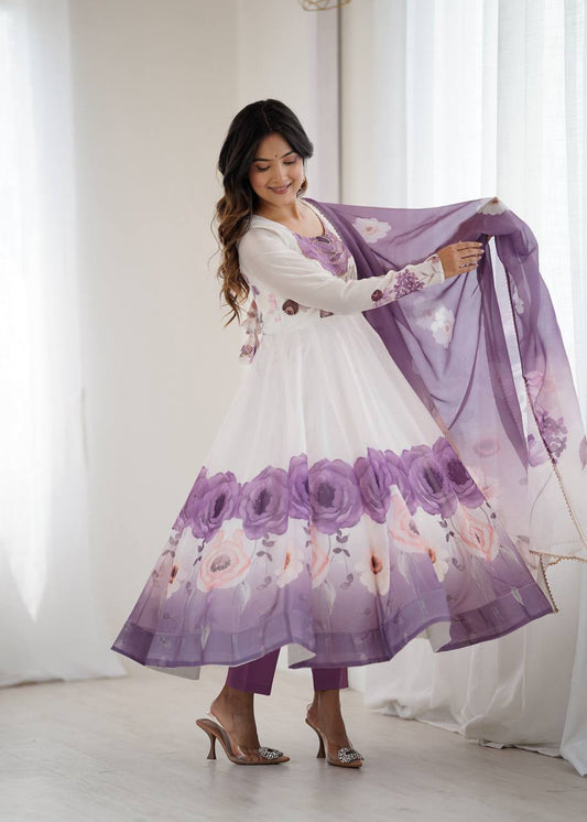 Elegant White & Purple Floral Anarkali Suit with Dupatta