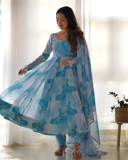 Elegant Blue Marble Print Anarkali Suit with Dupatta