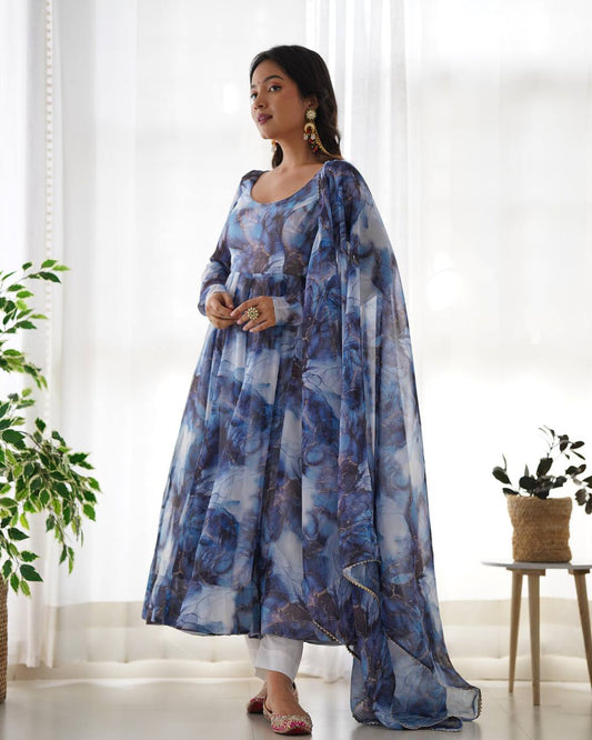 Navy Blue Marble Print Anarkali Suit with Dupatta