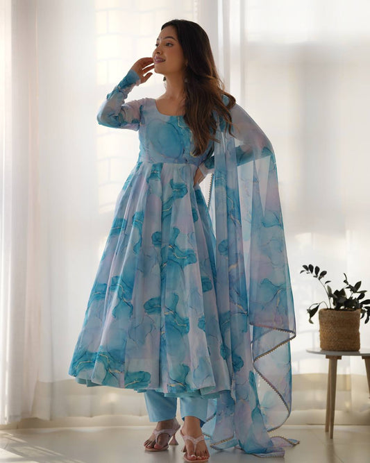 Elegant Blue Marble Print Anarkali Suit with Dupatta