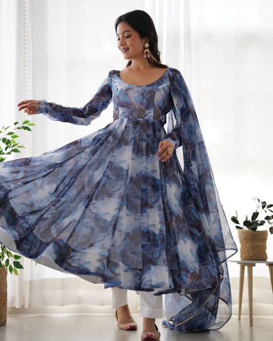 Navy Blue Marble Print Anarkali Suit with Dupatta