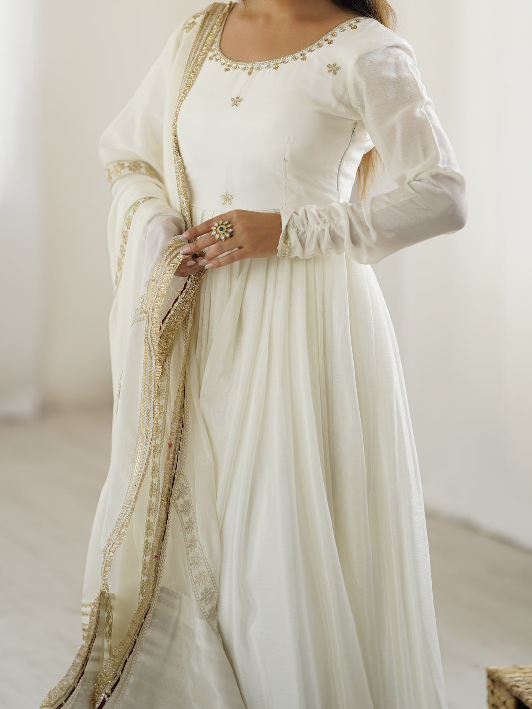 Royal White Anarkali Gown with Gold Embroidery  Manvansh Trends