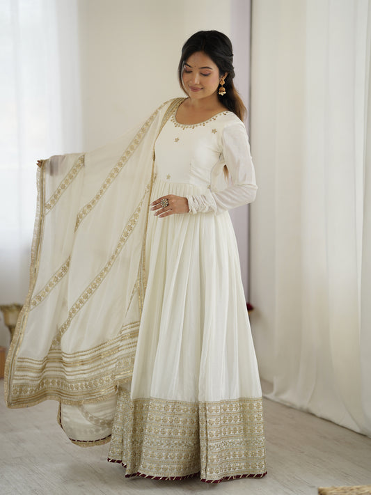 Royal White Anarkali Gown with Gold Embroidery