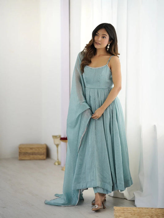 Light Blue Anarkali Gown with Dupatta for Festival