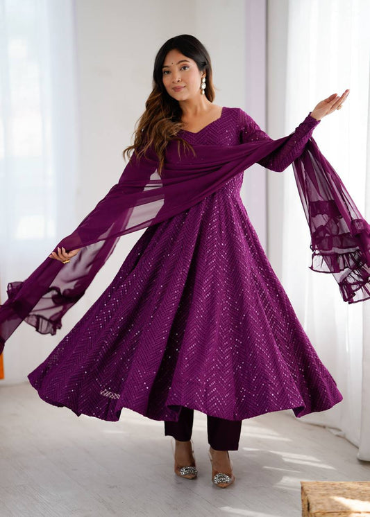 Partywear Plum Sequin Embellished Gown with Ruffle Dupatta