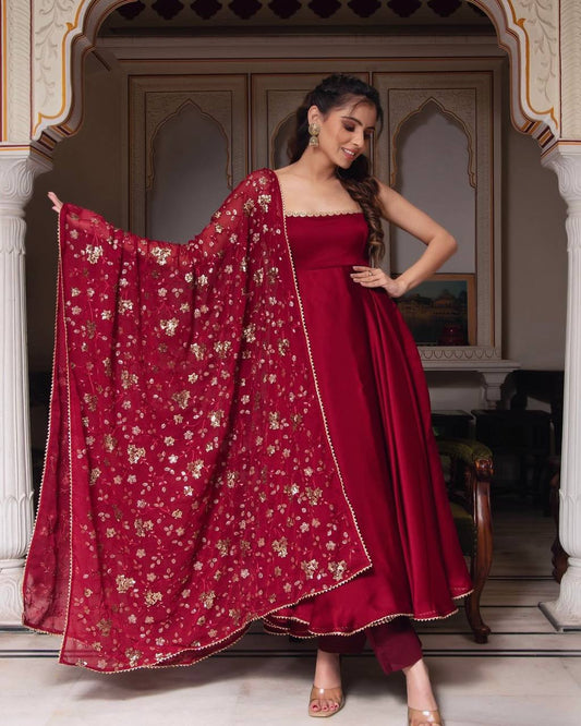 Partywear Maroon Sequin Embroidered Gown with Dupatta
