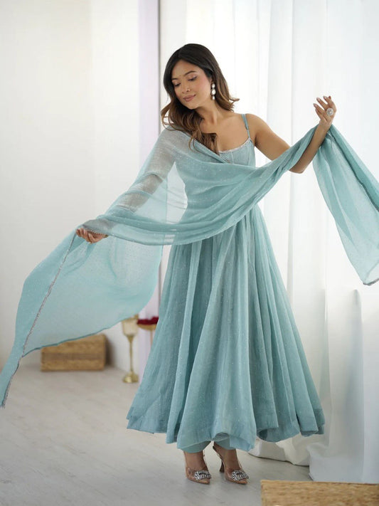 Light Blue Anarkali Gown with Dupatta for Festival