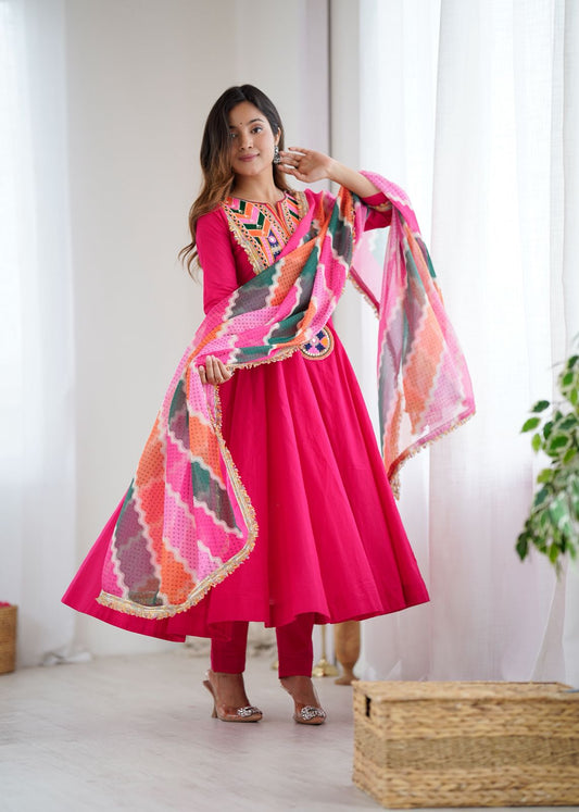 Indian Ethnic Bright Pink Anarkali Suit with Multicolor Dupatta