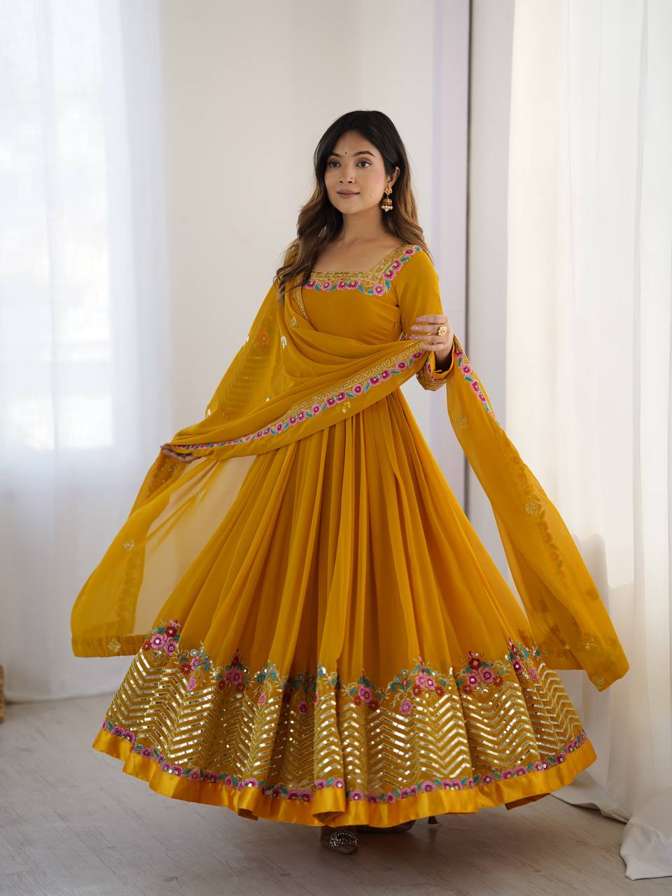 Festive Mustard Yellow Anarkali Gown with Floral Embroidery & Golden S –  Manvansh Trends