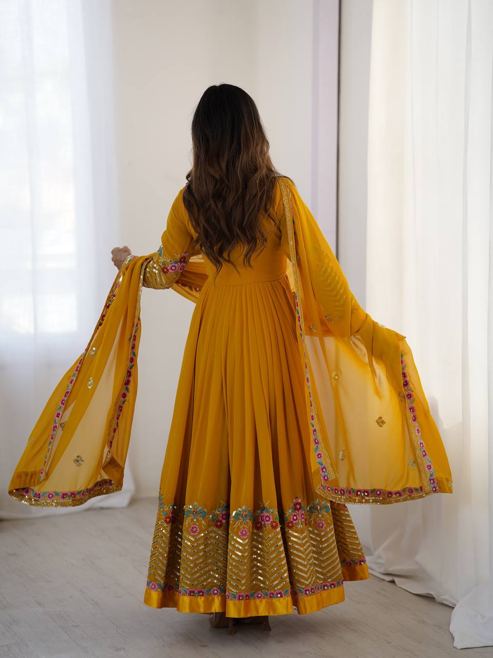 Festive Mustard Yellow Anarkali Gown with Floral Embroidery & Golden Sequin S Festive Mustard Yellow Anarkali Gown with Floral Embroidery & Golden Sequin S
