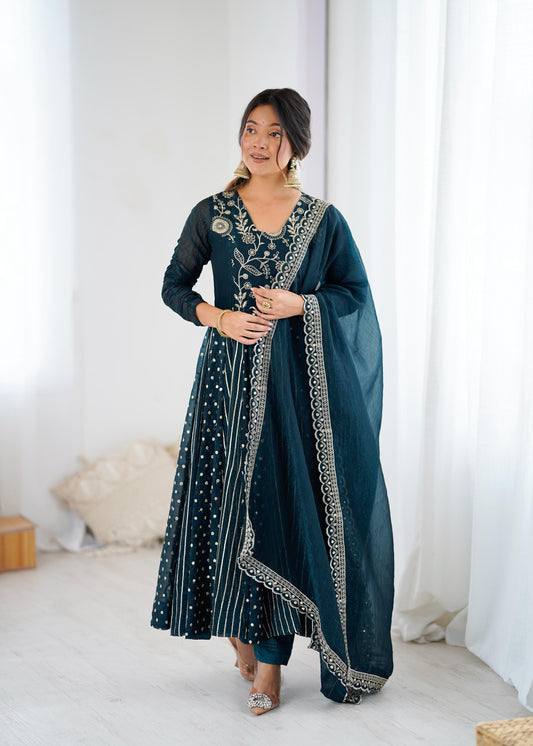 Teal Blue Anarkali Suit with Golden Embroidery and Dupatta