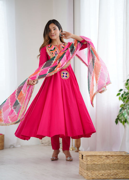 Indian Ethnic Bright Pink Anarkali Suit with Multicolor Dupatta
