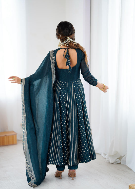 Teal Blue Anarkali Suit with Golden Embroidery and Dupatta