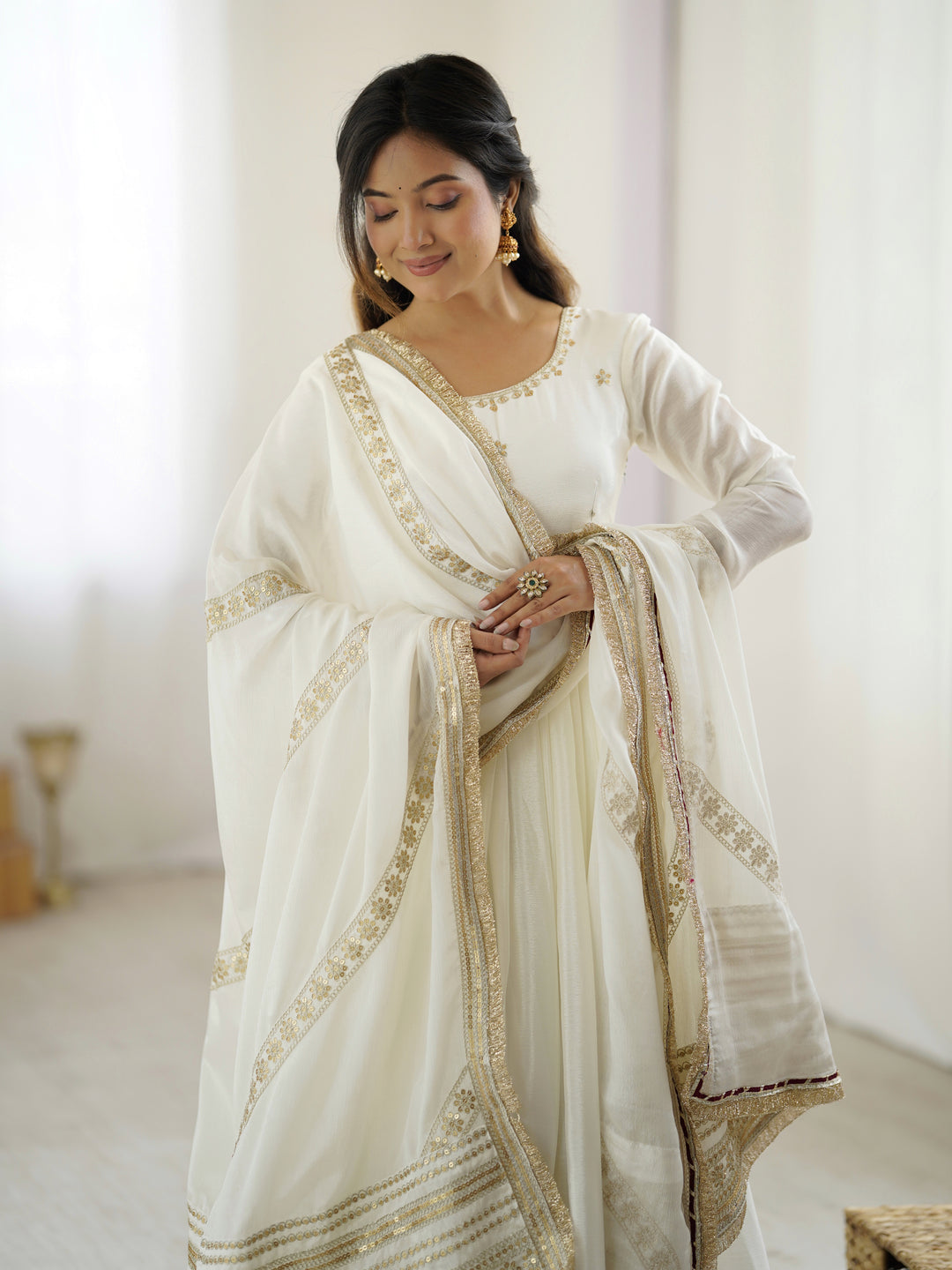 Royal White Anarkali Gown with Gold Embroidery – Manvansh Trends