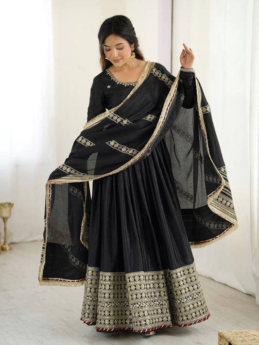 Elegant Black Anarkali Gown with Golden Embroidery