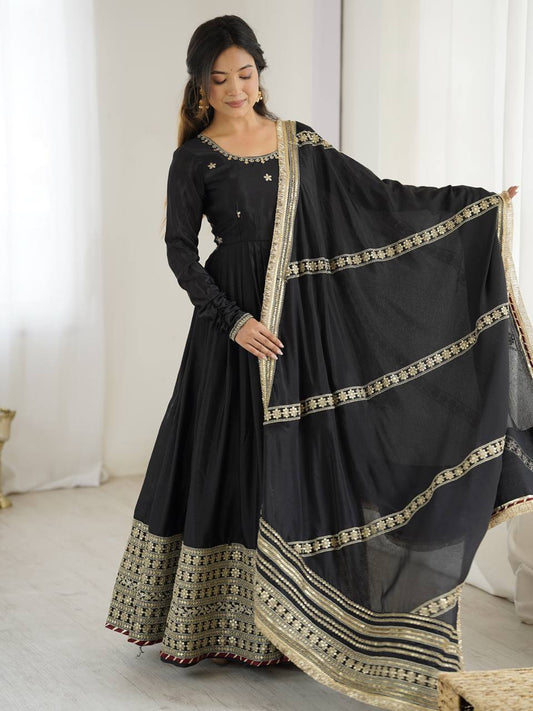 Elegant Black Anarkali Gown with Golden Embroidery
