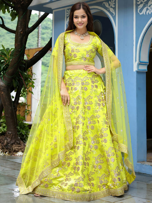 Neon Green Embroidered Lehenga Choli Set for Party & Reception