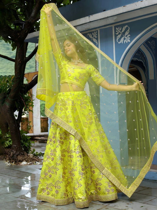 Neon Green Embroidered Lehenga Choli Set for Party & Reception