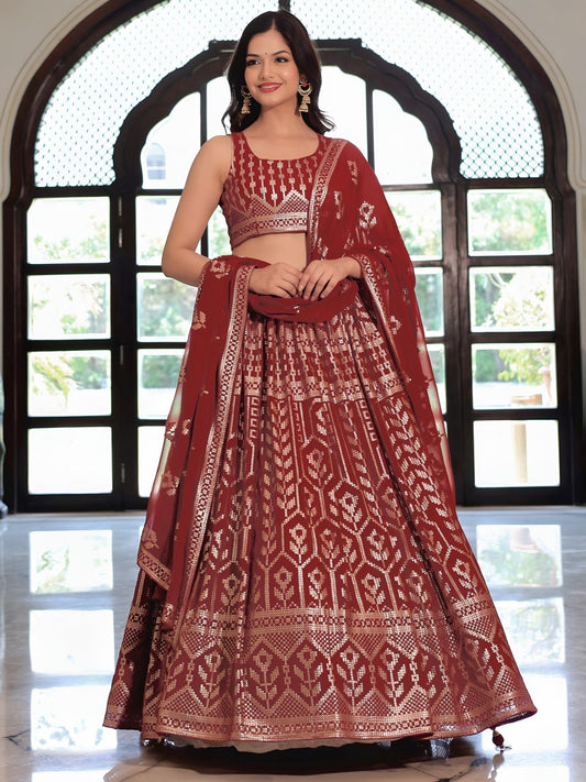 Maroon Georgette Sequins Embroidered Lehenga Choli with Dupatta