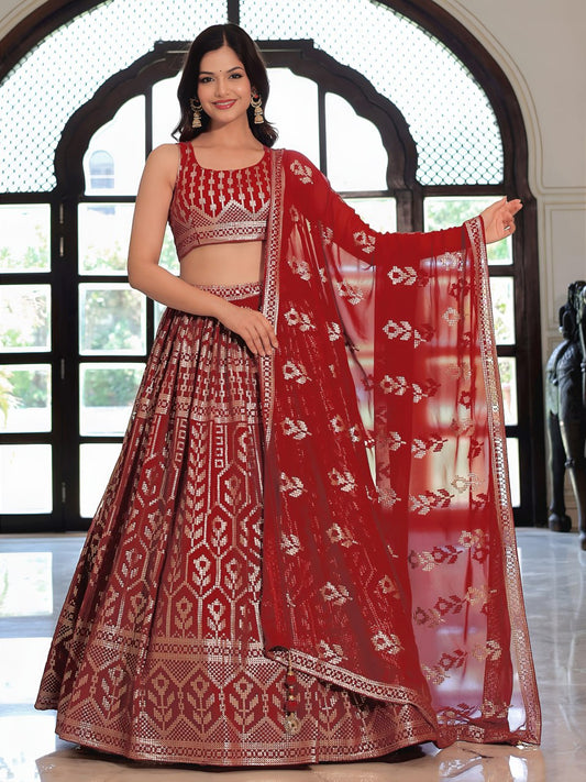 Maroon Georgette Sequins Embroidered Lehenga Choli with Dupatta