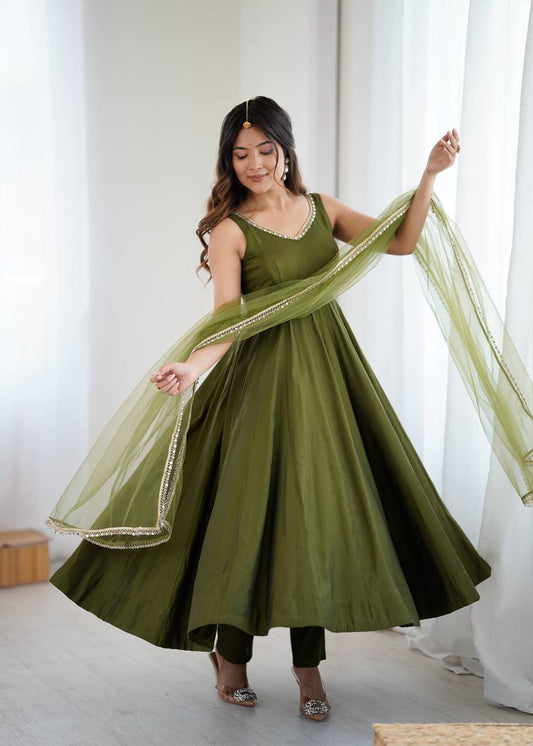 Elegant Party Wear Olive Green Anarkali Suit with Net Dupatta