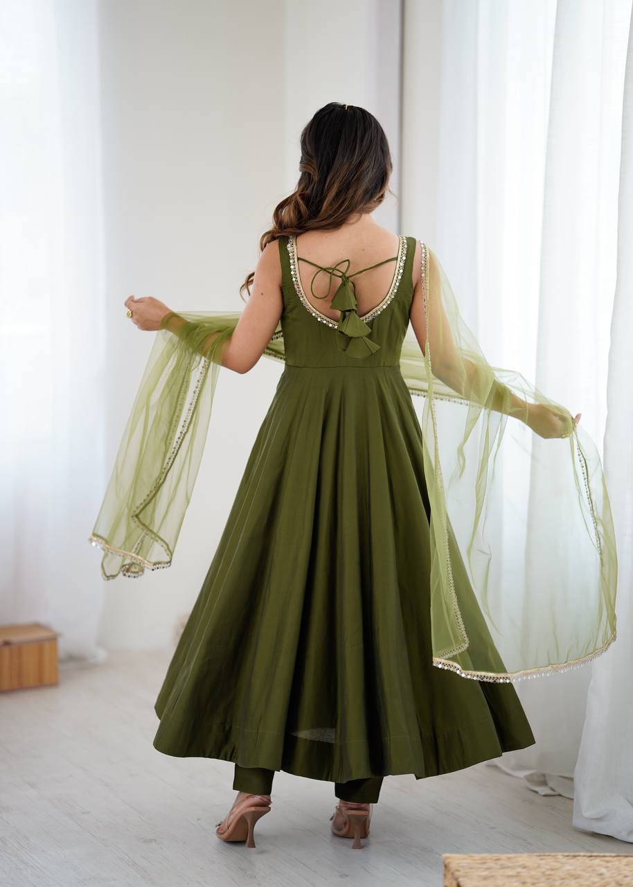 Elegant Party Wear Olive Green Anarkali Suit with Net Dupatta – Manvansh  Trends