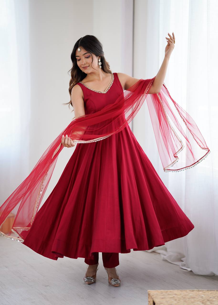 Designer Maroon Anarkali Gown with Net Dupatta