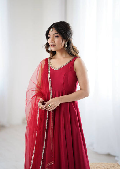 Designer Maroon Anarkali Gown with Net Dupatta