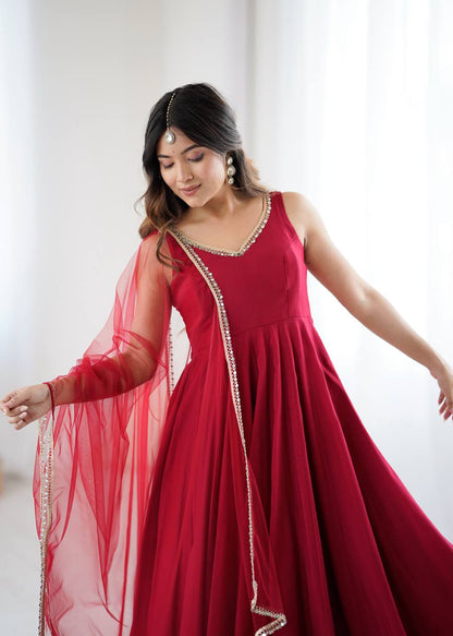 Designer Maroon Anarkali Gown with Net Dupatta