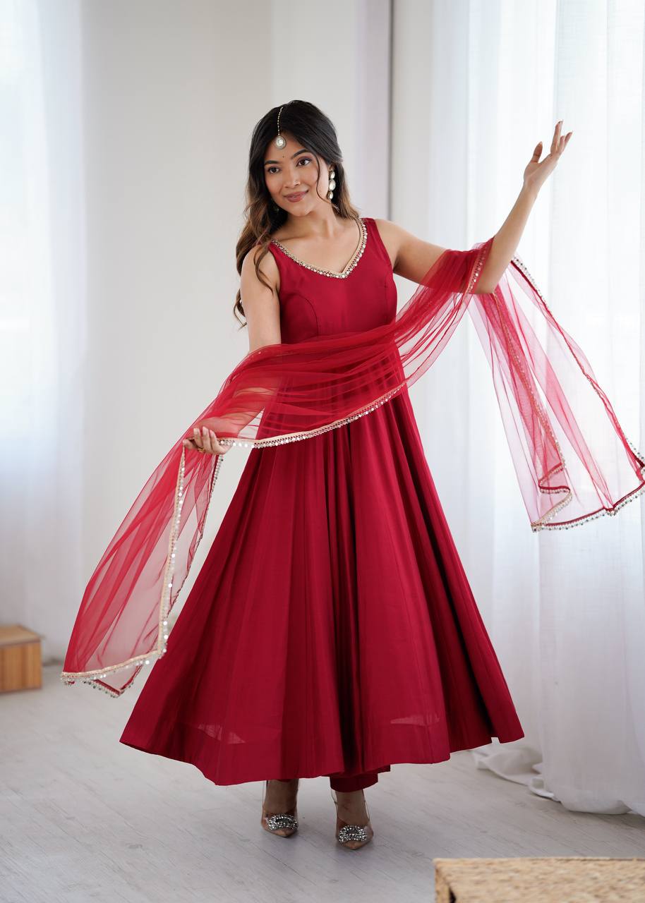 Designer Maroon Anarkali Gown with Net Dupatta
