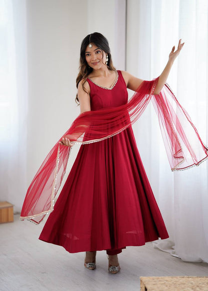 Designer Maroon Anarkali Gown with Net Dupatta