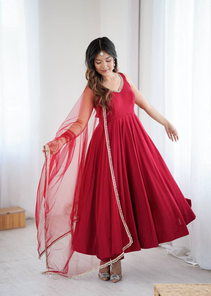 Designer Maroon Anarkali Gown with Net Dupatta