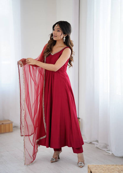 Designer Maroon Anarkali Gown with Net Dupatta
