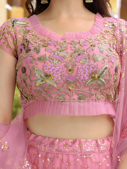 Pink Net Lehenga Choli with Floral Embroidery & Sequins Work Dupatta